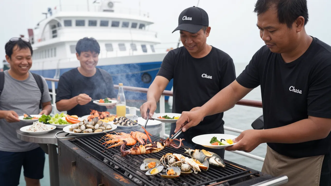 배 위에서 해산물 바베큐를 굽는 사람들